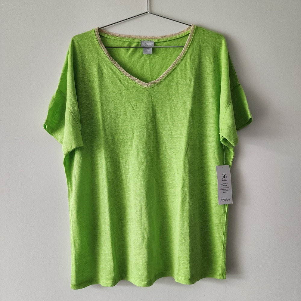 Chico's V-Neck Top Women Size M Green 100% Linen Blend Metallic Trim Shimmer